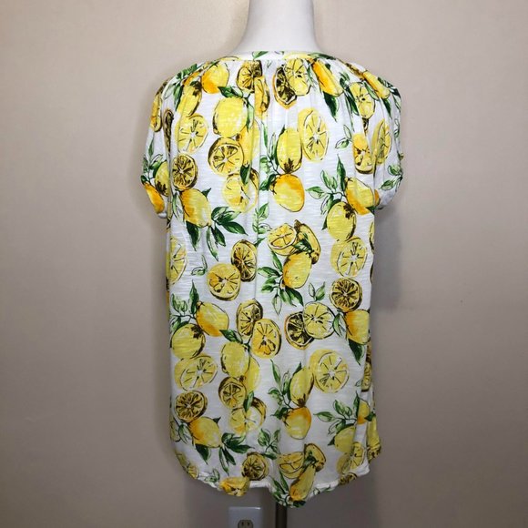 Chaps Lemon Print Yellow & Green Lace Up Front V Neck Top (S) - Picture 2 of 4